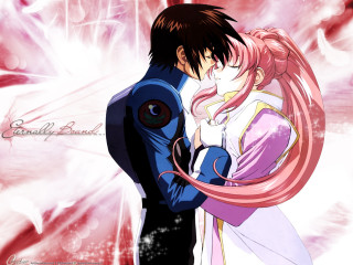 Couple kissing pink background red - anime visual free wallpaper