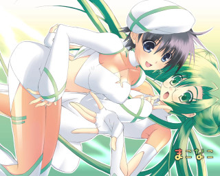 Anime hugging girls green background - a couple of anime characters free wallpaper