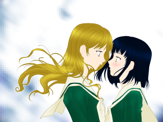 Anime girls kissing green tops - their free wallpaper
