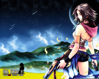 Woman gun field mountains stars - final fantasy free wallpaper