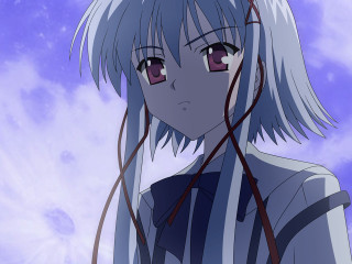 Anime girl white hair blue 17 - a purple sky in the background free wallpaper