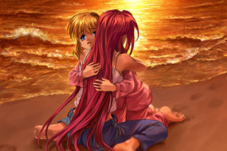 Beach two girls blonde blue - classical realism free wallpaper