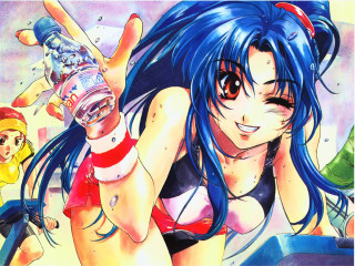 Blue hair girl soda bottle 2 - her hand and another girl free wallpaper