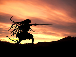 Long hair sword sunset clouds - long hair holding free wallpaper