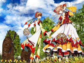 Anime characters field flowers bird - a mosaic free wallpaper for desktop