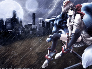 Anime girl rainy cityscape moon - a anime girl free wallpaper for desktop