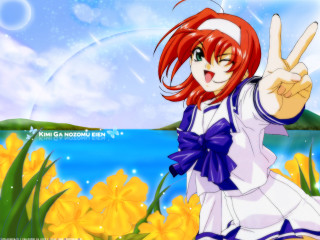 Redhair girl peace sign blue - a peace free wallpaper
