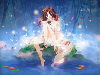 Girl butterfly flower woods anime - her hand and a flower free wallpaper