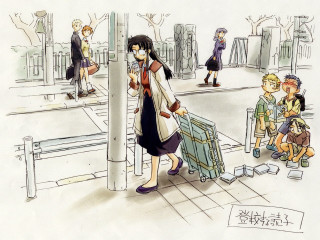 Woman street suitcase man children - her hand and a man free wallpaper