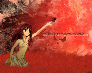 Girl butterfly autumn tree red - her hand and a tree in the background free wallpaper