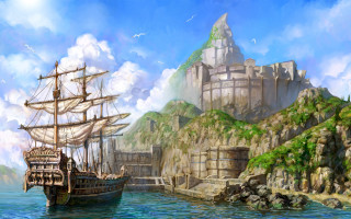 Fantasy ship castle waterfront matte - a painting of a ship free wallpaper