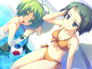 Anime girls beach bikini pool - the water behind them free wallpaper