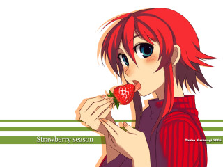 Red hair girl eating strawberry 2 - a white background behind her free wallpaper