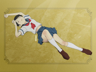 Sailorwoman laying onground blueuniform yellowbackground - her arm behind her head and legs free wallpaper