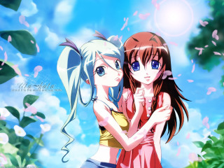 Anime girls hug blue sky - green leaf free wallpaper