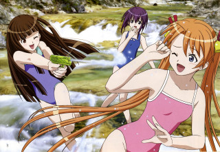 Three anime girls waterfall frog - a waterfall free wallpaper