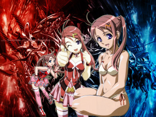 Anime girls swimwear blue red - a group of anime girls sitting next free wallpaper