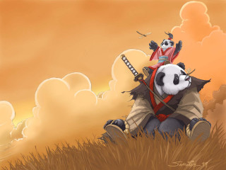 Panda sword field clouds anime - a storybook illustration free wallpaper