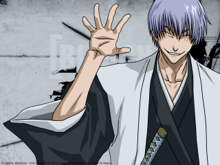 Purple hair kimono sword waving - his right hand free wallpaper