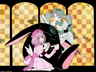 Anime couple checkered background rabbit - a couple of anime characters sitting next free wallpaper