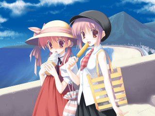 Anime girls summer beach mountain - summer free wallpaper