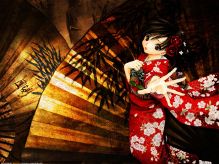 Red kimono fan gothic anime - anime style free wallpaper