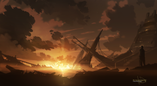 Ship ocean sunset man shore - a painting of a ship in the ocean free wallpaper