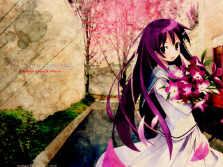 Girl bouquet pinkflowers anime purplehair - a bouquet of flowers in front free wallpaper