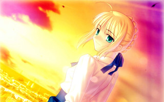 Anime girl blonde blueseyes sunset - a sunset background free wallpaper