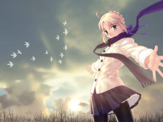 Girl whitecoat purplescarf bird sunset - a white coat free wallpaper