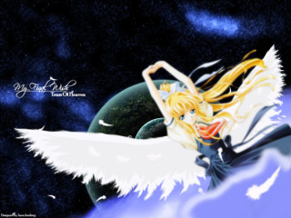 Anime girl blonde wings space - white wing free wallpaper