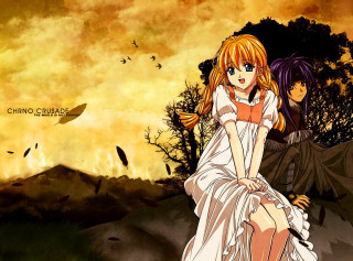 Anime girls autumn field sunset 2 - a sky in the background free wallpaper