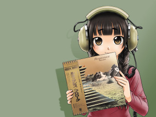 Girl headphones book green background - manga free wallpaper for desktop