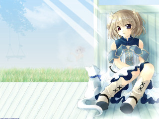 Anime girl sitting cat tree - a wooden floor next free wallpaper