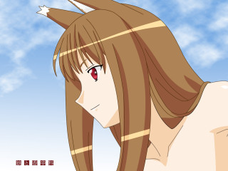 Woman redeyes longhair animewolf outdoor - a sky background behind her free wallpaper