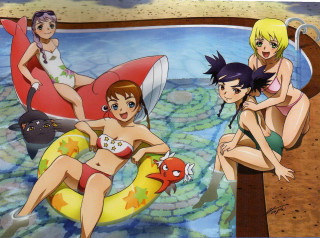 Cartoon girls raft pool cat - official art free wallpaper for desktop