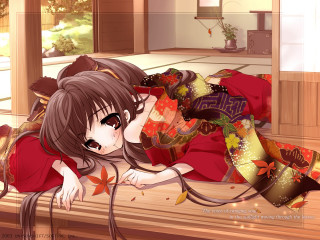 Woman red kimono autumn anime - a red blanket free wallpaper