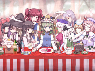 Anime girls costumes table food - a group of anime girls sitting free wallpaper for desktop