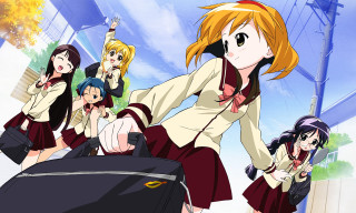 Schoolgirls uniforms luggage background gun - a man in the background free wallpaper