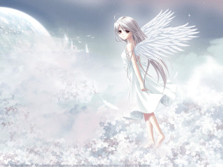 Angelic girl white wings moon - a castle in the distance free wallpaper
