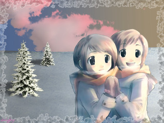 Winter snow anime two girls - the snow together free wallpaper