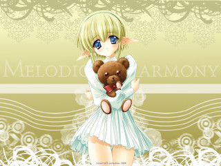 Girl holding teddy white flowers - a green swirl free wallpaper