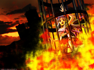 Girl cage fire sky autumn - aya goda free wallpaper for desktop
