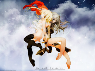 Couple women flying clouds aurora - top of a cloud free wallpaper