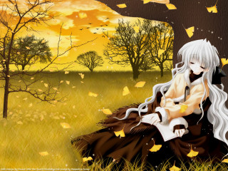 Gothic anime woman leaves tree - a cat free wallpaper