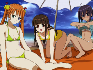 Three anime girls beach umbrella 2 - three anime girl free wallpaper for desktop