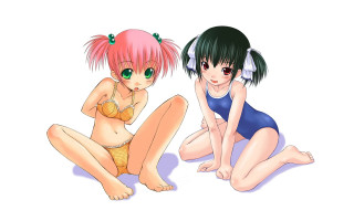 Anime girls bathing suit manga - their back free wallpaper