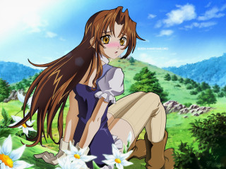 Girl daisy field mountains anime - anime visual free wallpaper