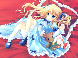 Girl blue dress lying teddy - a red blanket free wallpaper