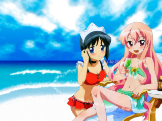Anime girls beach summer bikini - a beach chair free wallpaper